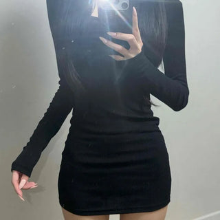 Slim Fit Fitted Plain Long Sleeve Daily Mini Dress