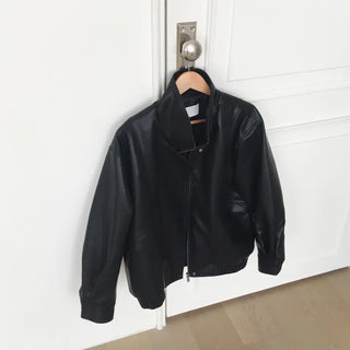 High-Neck Leather Blouson, Oversized Leather Jacket for Transitional Season, Spring Outerwear