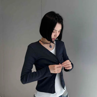 Button Shirred Button-Down Slim Fit Daily Cardigan