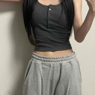 Henley Neck Button-Fitted Plain Daily Sleeveless