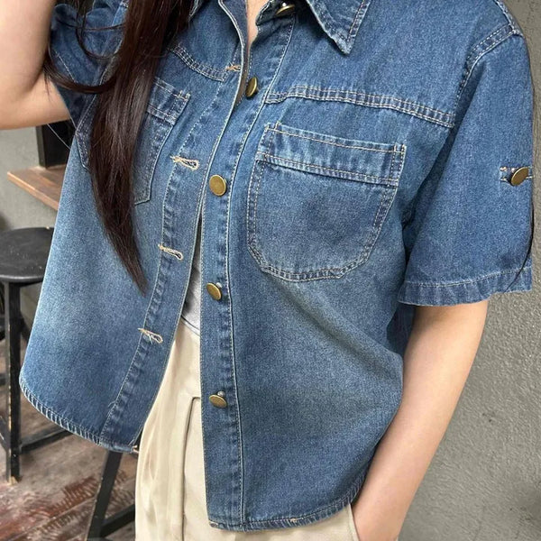 Washed Double Pocket Button-Down Regular Fit Short Sleeve Shirt