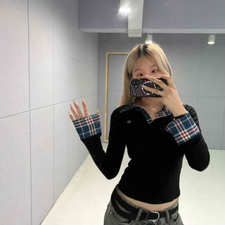 Slim Fit Plain Check Color Block Button Long Sleeve T-shirt