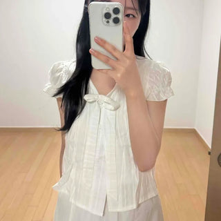 Ribbon Tie Shirred Pintuck Plain Short Sleeve Blouse