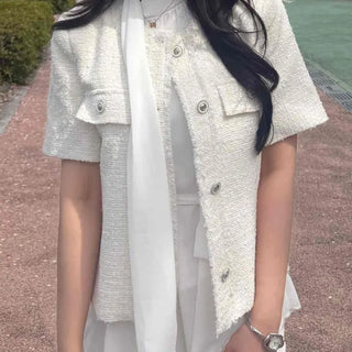 Frill Flap Pocket Button-Down Boxy Fit Plain Short Sleeve Jacket