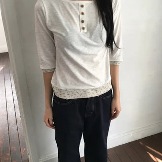 Flower Color Block 3/4 Sleeve T-shirt