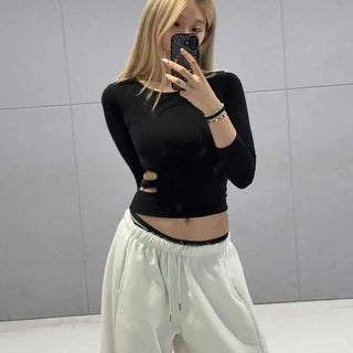 Slim Fit Plain Cutout Long Sleeve Casual T-shirt