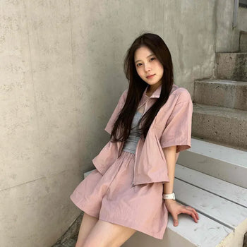 Zipper Shirred String Zip-Up Loose Fit Short Sleeve Two-Piece Set