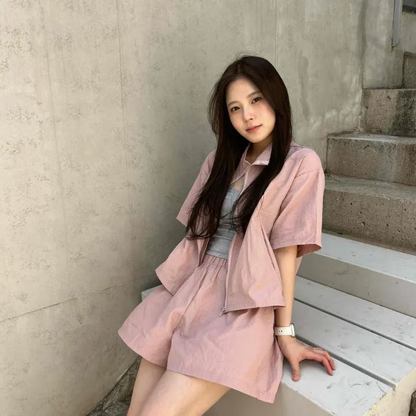 Zipper Shirred String Zip-Up Loose Fit Short Sleeve Two-Piece Set