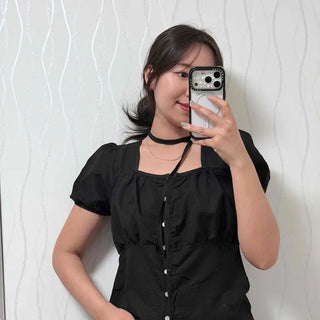 Shirred Button-Down Plain Short Sleeve Blouse