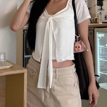 Relaxed Fit Plain Ribbon Slit Daily Short Sleeve T-shirt