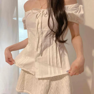 Shirred Button Ribbon Plain Daily Blouse