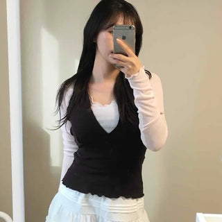 Ribbon Frill Layered Slim Fit Long Sleeve Two-Piece Set