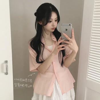 Innocent Mood, Pastel Tone Two-Way Side Button Cinched Waist Loose Fit See-through Crinkle Gauze Blouse Short Sleeve Shirt