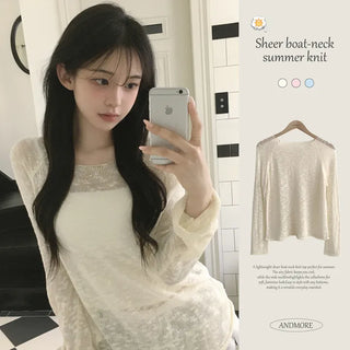 Delicate Fit That Induces Protective Instinct, Must-Have Summer See-through Boat Neck Delicate Loose Fit Long Sleeve Knit