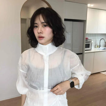 Loose Fit Plain Ribbon See-through Long Sleeve Shirt