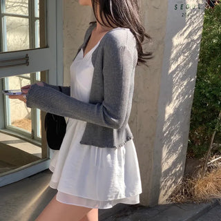 Room Room Frill Ribbed Slim Fit Knit Cardigan