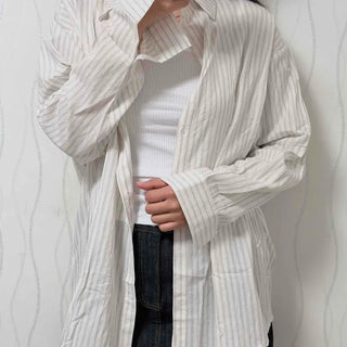 Button Stripe Button-Down Oversized Long Sleeve Shirt