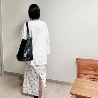Slit Floral Straight H-Line Relaxed Fit Long Skirt