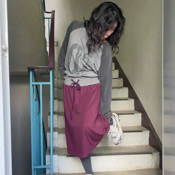 Loose-fit Striped Color-block A-line Midi Skirt