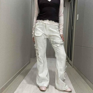 Washed Lettering Cargo Pocket Wide Loose Fit Long Pants