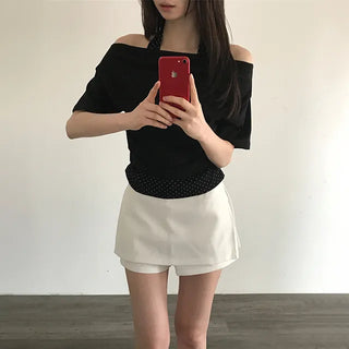 Siliki Dot Halter Neck Layered Short Sleeve Tee