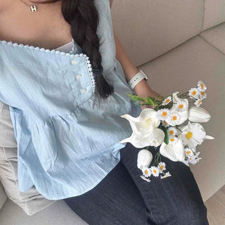 Shirred Button Strap A-Line Sleeveless Blouse