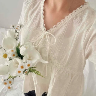 Ribbon Flower Tiered Short Sleeve Blouse