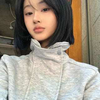 Loose-fit Plain Zipper Snap Full-zip Daily Jacket