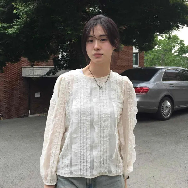Loose-fit Striped Pintuck Shirred Long-sleeve Blouse