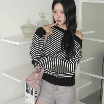 Loose-fit Striped Color Block Off-shoulder Long Sleeve