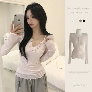 Delicate~ Flamboyant Wavy U-Neck Button Body-Shaping Cinched Waist Slim Fit Long Sleeve T-Shirt