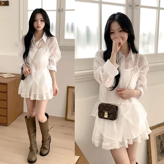 Feminine Mood, See-through Summer Loose Fit Long Sleeve Shirt + Bustier Sleeveless Top Layered Set