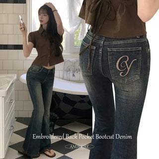 Back Highlight, Back Pocket Embroidery Low-Rise Brown Washed Bootcut Denim Pants