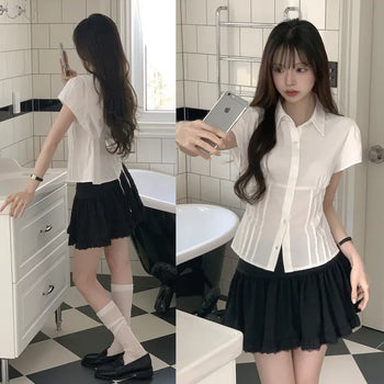 Guaranteed Beauty, Pintuck Collar, Back Strap, Back Ribbon, Cinched Waist, Delicate Fit Short Sleeve Shirt Blouse