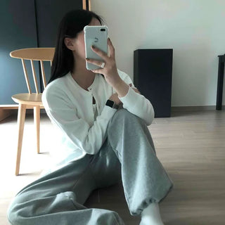 Loose-fit Plain Button-down Long-sleeve Cardigan