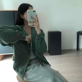 Loose-fit Plain Full-zip Hoodie