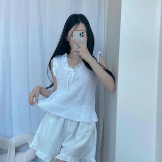 Ribbon Frill Strap Loose Fit Plain Sleeveless