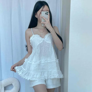Frill Shirred Strap A-Line Plain Sleeveless
