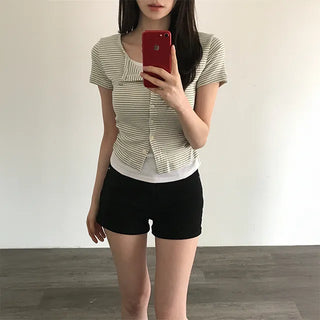 Combed Integrated Striped Shirred Short-Sleeve Cardigan