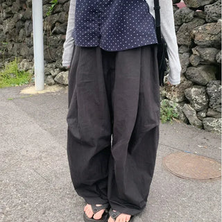 Dust Cotton One-Pleat Balloon Pants Curved Plus Size Big Wide Curved Pintuck Pants Cotton Pants Spring Summer