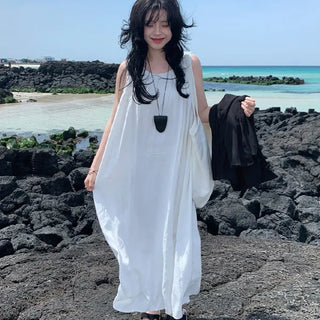 Bally Flare Sleeveless Long Dress & Necklace Set Shirred Sleeveless Top Body-Correcting A-Line Resort Look Vacation Look Summer