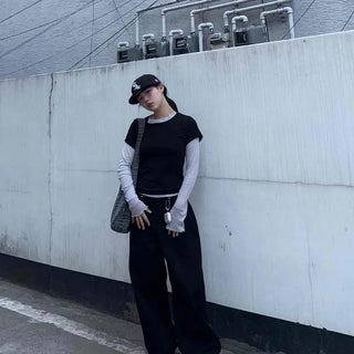 Button Double Pocket Wide Loose Fit Long Pants