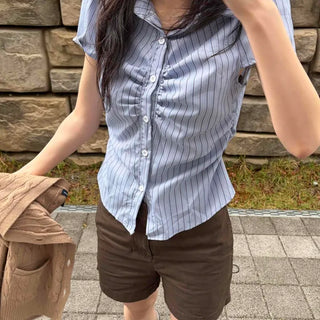 Slim Fit Striped Shirred Button Short Sleeve Blouse