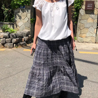 Wood Women's Check Summer Long Tiered Maxi Flare String Banding Skirt