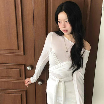 Slim Fit Shirred Wrap Plain Long Sleeve T-shirt