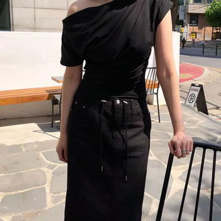 Lena Women's Modal Drape Shirred Summer Off-Shoulder Wedding Guest Look Work Look Stretch Slim Fit T-shirt