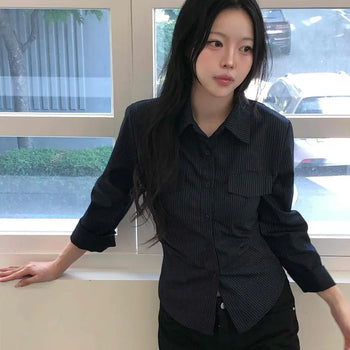 Regular Fit Striped Button Wrap Long Sleeve Shirt