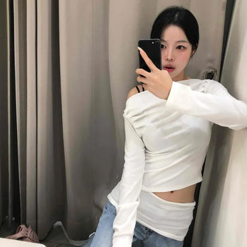 Slim Fit Plain Shirred Drape Off-Shoulder Long Sleeve T-Shirt