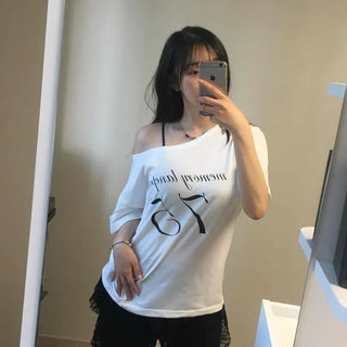 Lettering One-Shoulder Oversized Daily Short-Sleeve T-Shirt