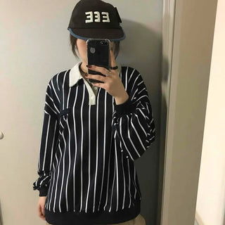 Button Contrast Stripe Oversized Long Sleeve Sweatshirt